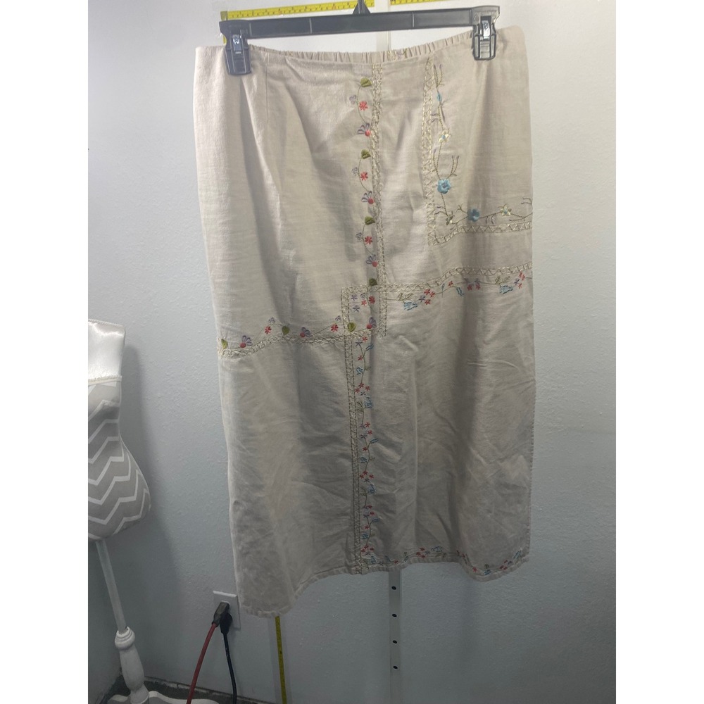 Blair Linen Cotton Floral Embroidered Midi Skirt‎ Beige Cottagecore Womens XLG